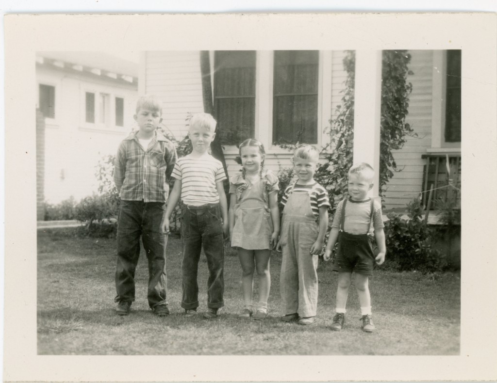 On back of original: "L. to R Mel Rinaudo Ross McMurry Linda Rinaudo Glenn McMurry Keith Black 3 1/2 years March 1946" (in Dorothy Ruth McMurry Black's hand)